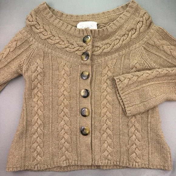 Old Navy Women's Chunky Cable Knit Sweater Size L Tan Cardigan Big Button‎ Front - Picture 2 of 8